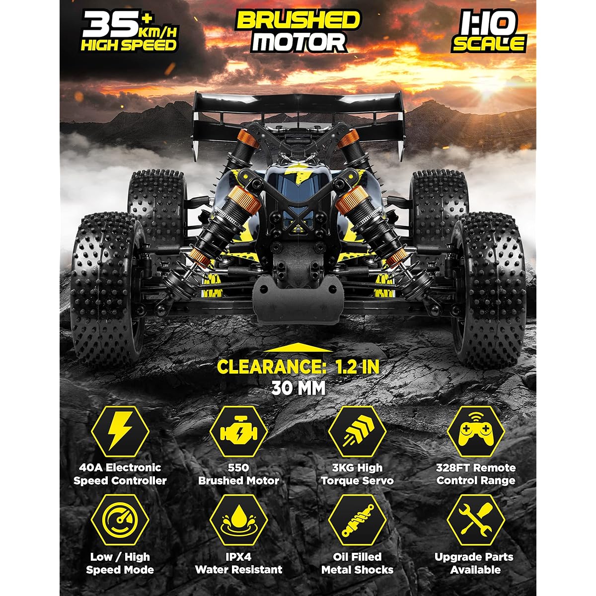 LAEGENDARY 1:10 Large Scale RC Car 35+ km/h High Speed - Remote Control Car 4x4 Off-Road Monster Truck - High Speed Racing Electric Hobby Grade Waterproof Toy Vehicle for Adults 30+ Minutes Play