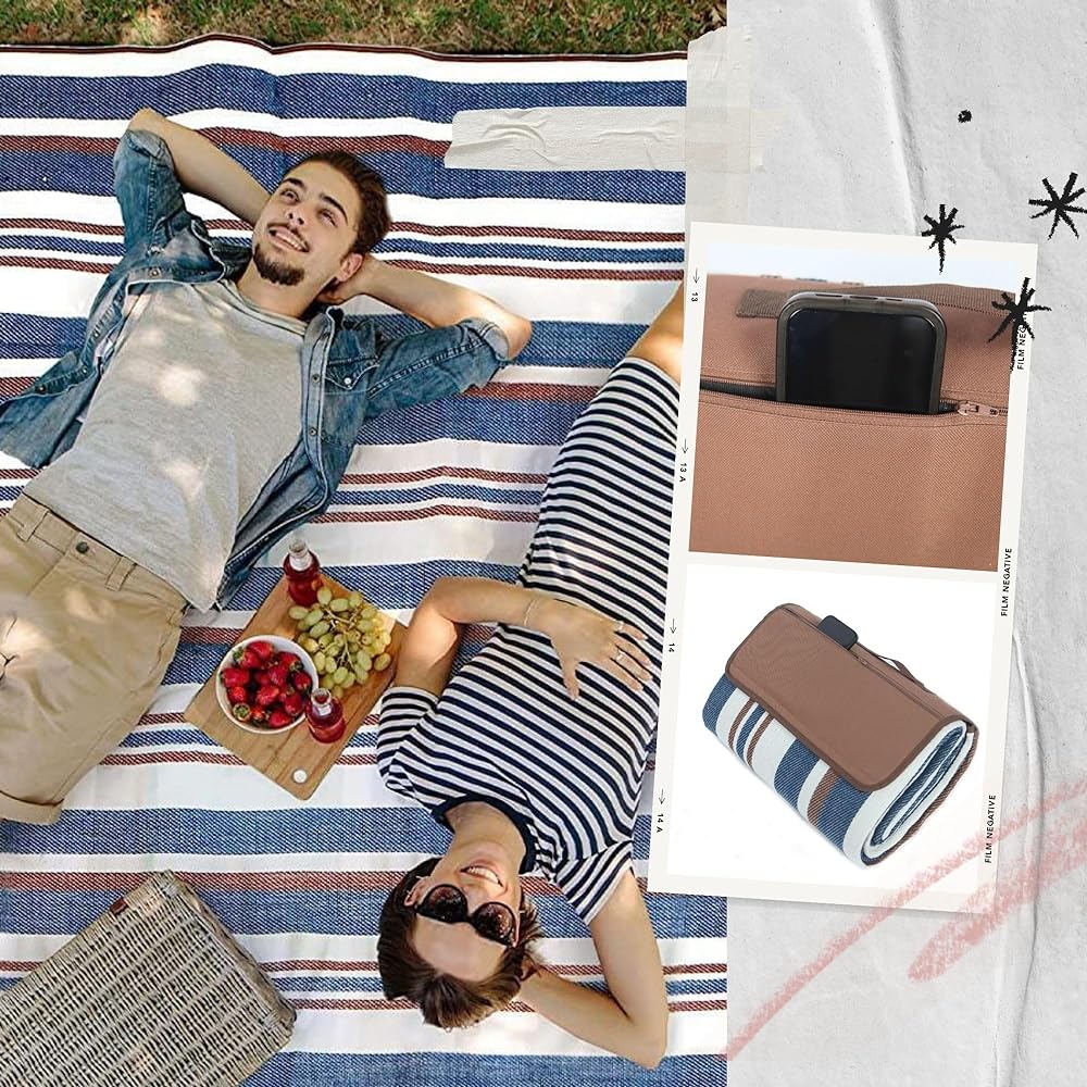 Naturalio Leisure Sheet, Striped Pattern, with Pocket, 3 Layer Structure, Thick Picnic Sheet, 200cm x 200cm, Waterproof, Camping Mat, Cherry Blossom Viewing, Sports Day, Compact Storage