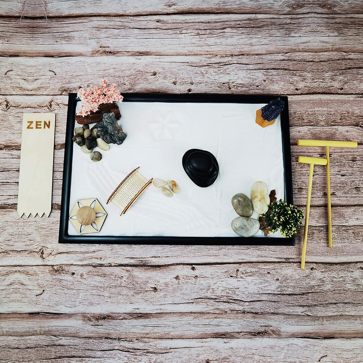 Oritlife Japanese Relax Desktop Zen Garden Kit for Desk Mini Meditation Kit with Square Sandbox 11.8" x 8" Balance Stone Bamboo Rake White Sand Cherry Tree