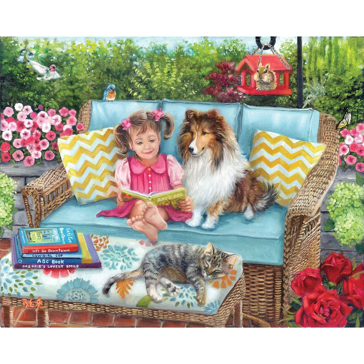 Bits and Pieces Jigsaw Puzzle 300 Pieces for Adults 18" x 24" - Story Time - 300 Piece Dogs and Cats Patio Wicker Furniture Girls Book Jigsaw Puzzle Artist Brooke Faulder