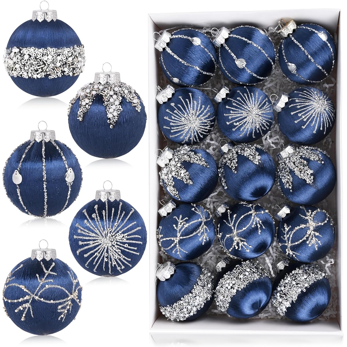 VTYEPOU Christmas Balls Navy Blue Ornaments - 15 Pack Luxury Christmas Tree Decorations Shatterproof - Satin Glitter Christmas Bulb Set 80mm 3.15"