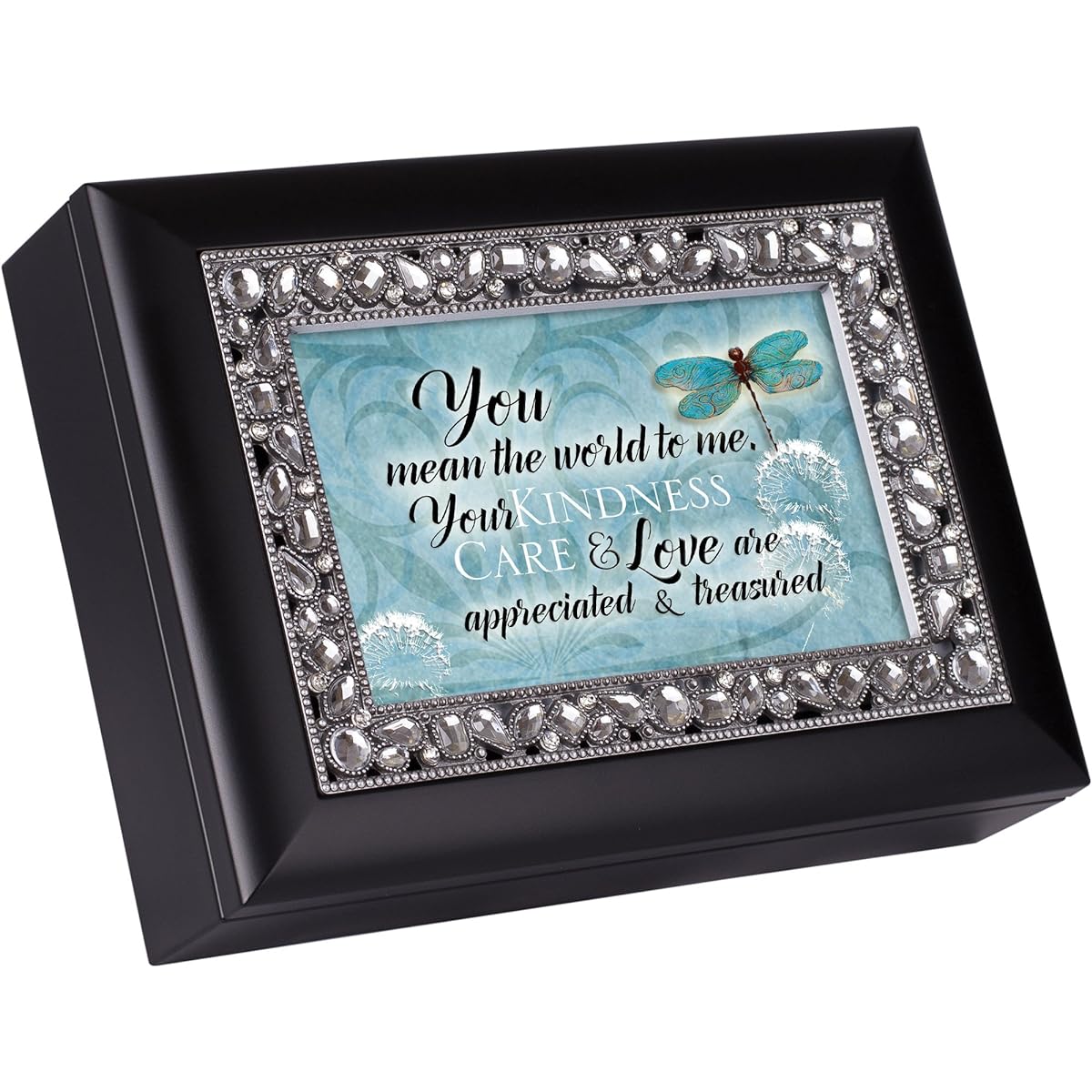Kindness Care and Love Treasured Jeweled Black Keepsake Music Box Plays Wind Beneath My Wings