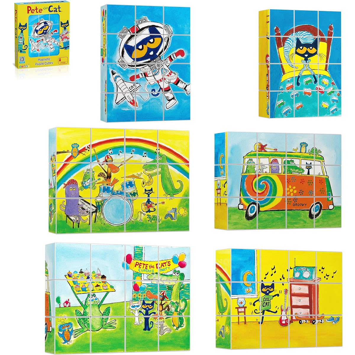 PicassoTiles Pete the Cat Magnetic Puzzle Building Block Cubes, 6 Cartoon Themed Brain Teaser Puzzles Mix & Match Magnetic Playset STEM Educational Toy Set Preschool Sensory Toys Toddlers Ages 6+ PTC03