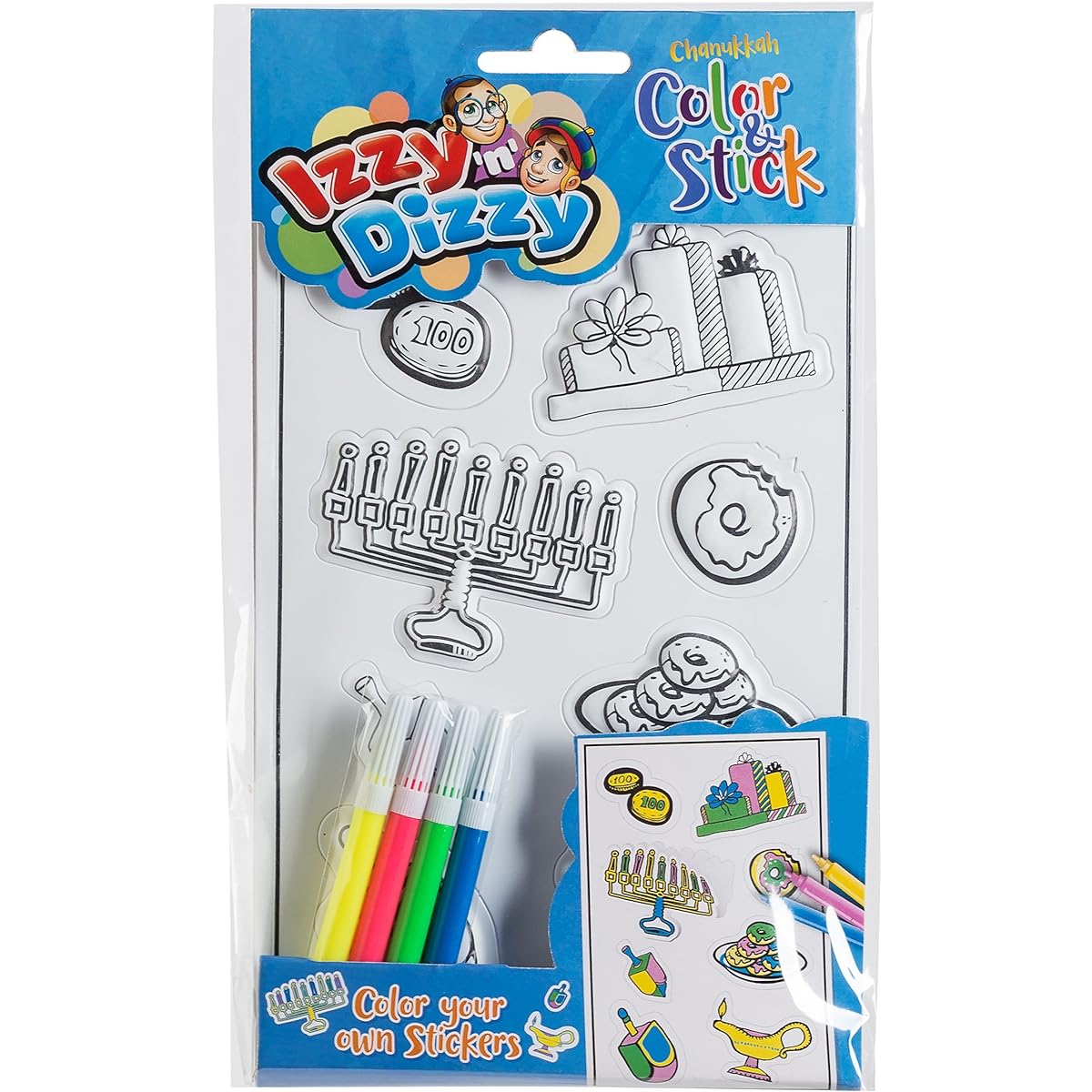 Izzy 'n' Dizzy Hanukkah Color and Stick - 4 Pack - Make Your Own Stickers - 4 Markers Included - Hanukkah Arts and Crafts - Gifts and Games