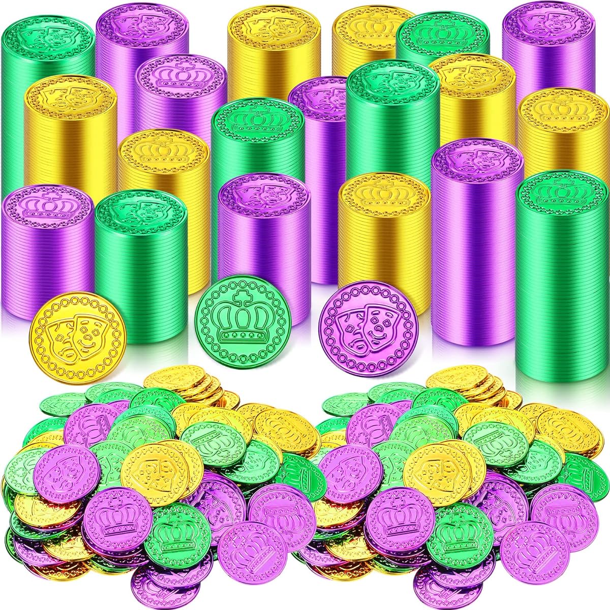 Mardi Gras Plastic Coins Mardi Gras Parade Throw Bulk Fake Mardi Gras Purple Green Plastic Gold Coins 1.37'' Mardi Gras Decorations Party Carnival Birthday Pirate Hunting Game Supplies (600 Pieces)