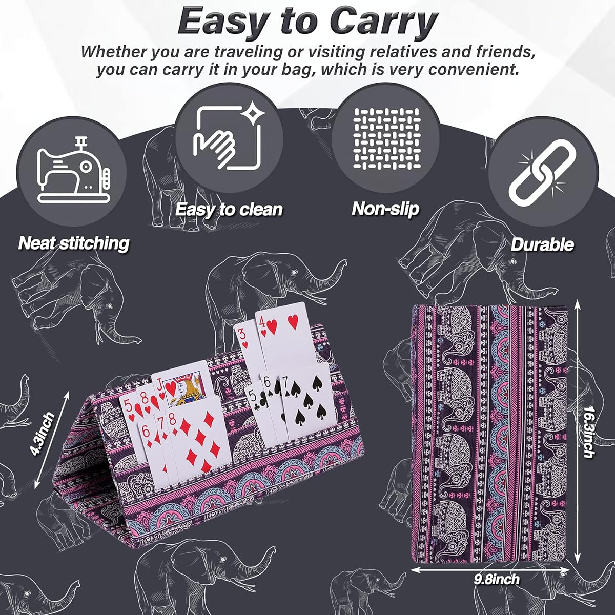 SeptCity Card Holder for Playing Cards, Hands Free Foldable Playing Card Holder for Bingo Canasta 5 Crowns Card Game, Cool Purple Elephant Card Tray for Kids and Adults