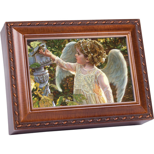 Angel in the Garden Birdhouse Wooden Finish Jewelry Music Box Plays You Light Up My Life
