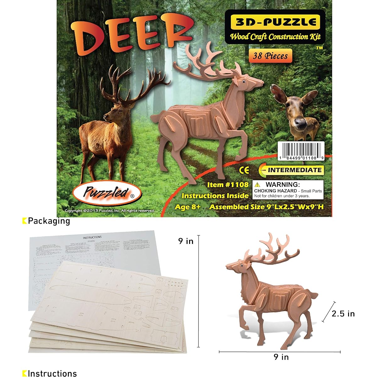 Puzzled Deer 3D Natural Wood Puzzle (38 Pieces)