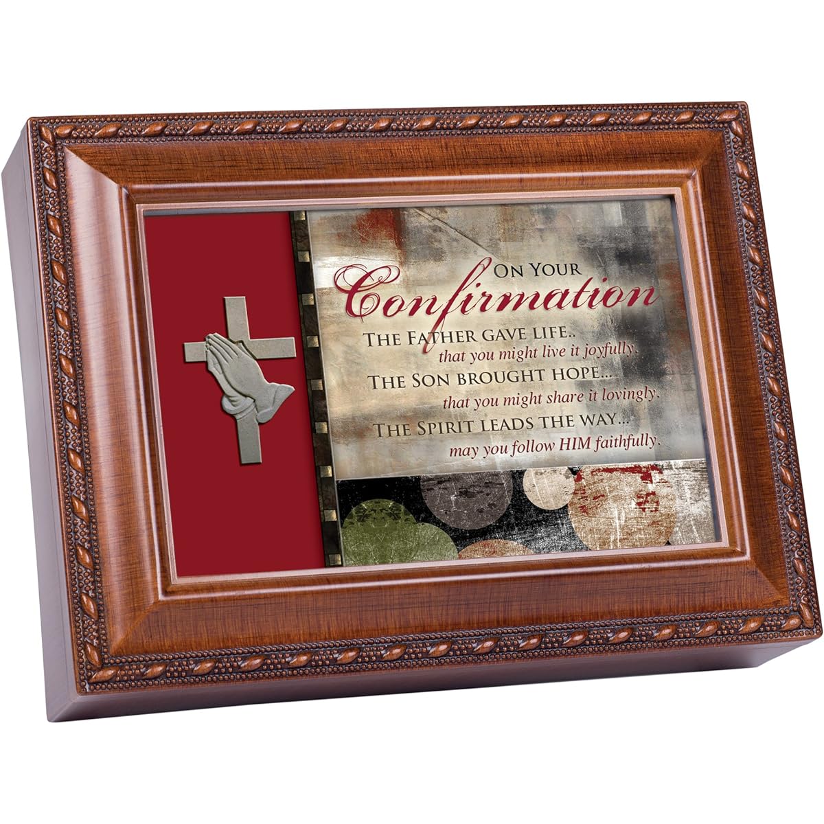 Confirm Cottage Garden Wood Grain Finish Music Jewelry Box - Plays Song Great is Thy Faithfulness