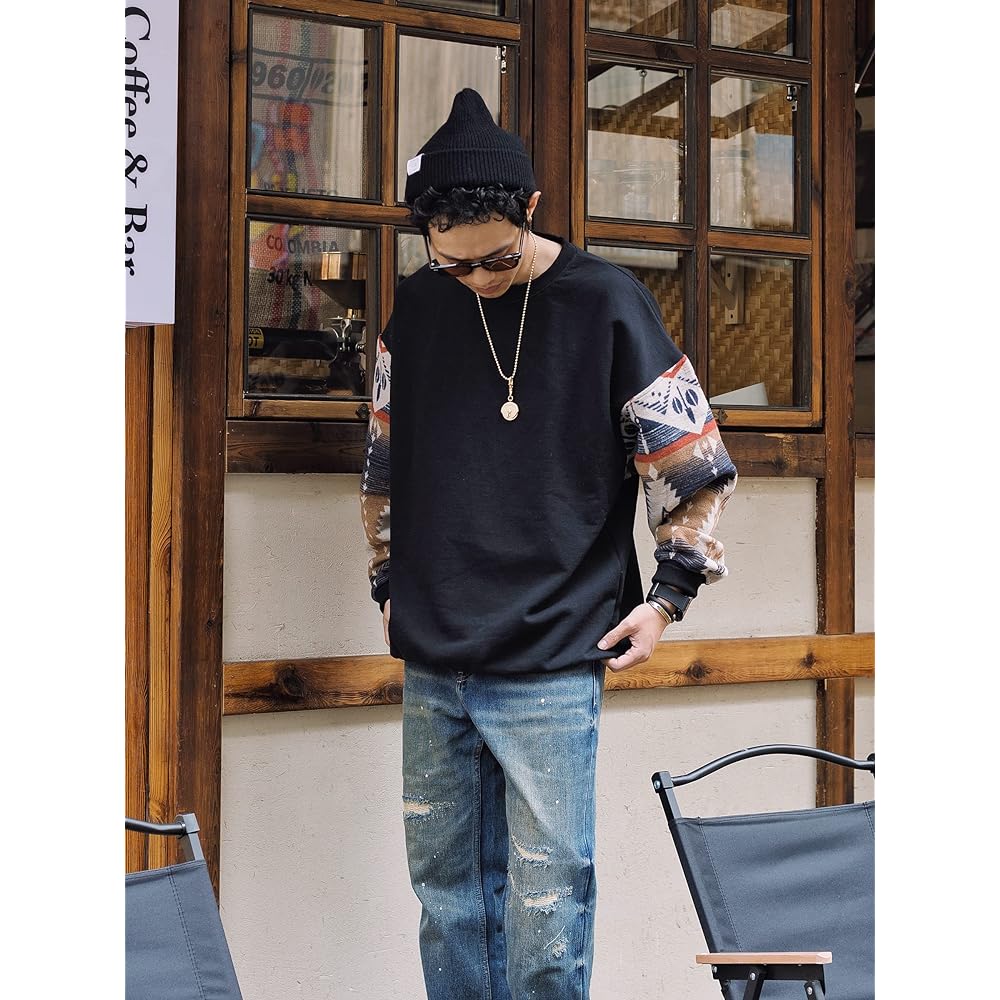 [CHANGE WELL] Men's "2023AW" American Fashion Retro Style Autumn Clothing [Sleeve Native Color] Big Silhouette Long Sleeve Pullover Sweatshirt