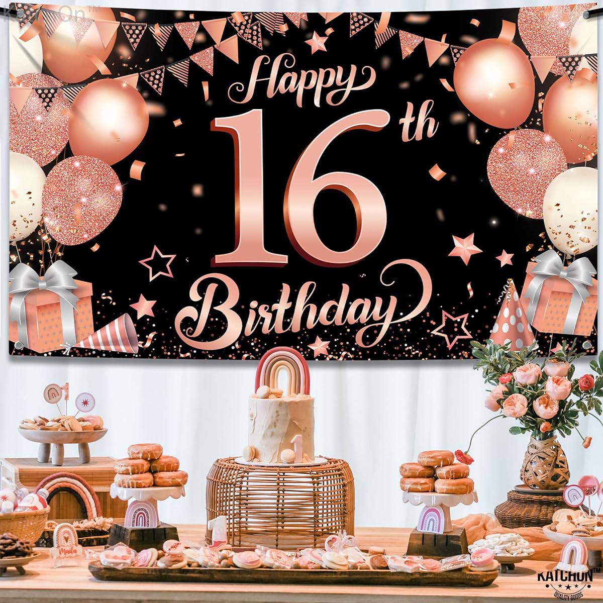 16th Happy Birthday Rose Gold Wall Banner Foil