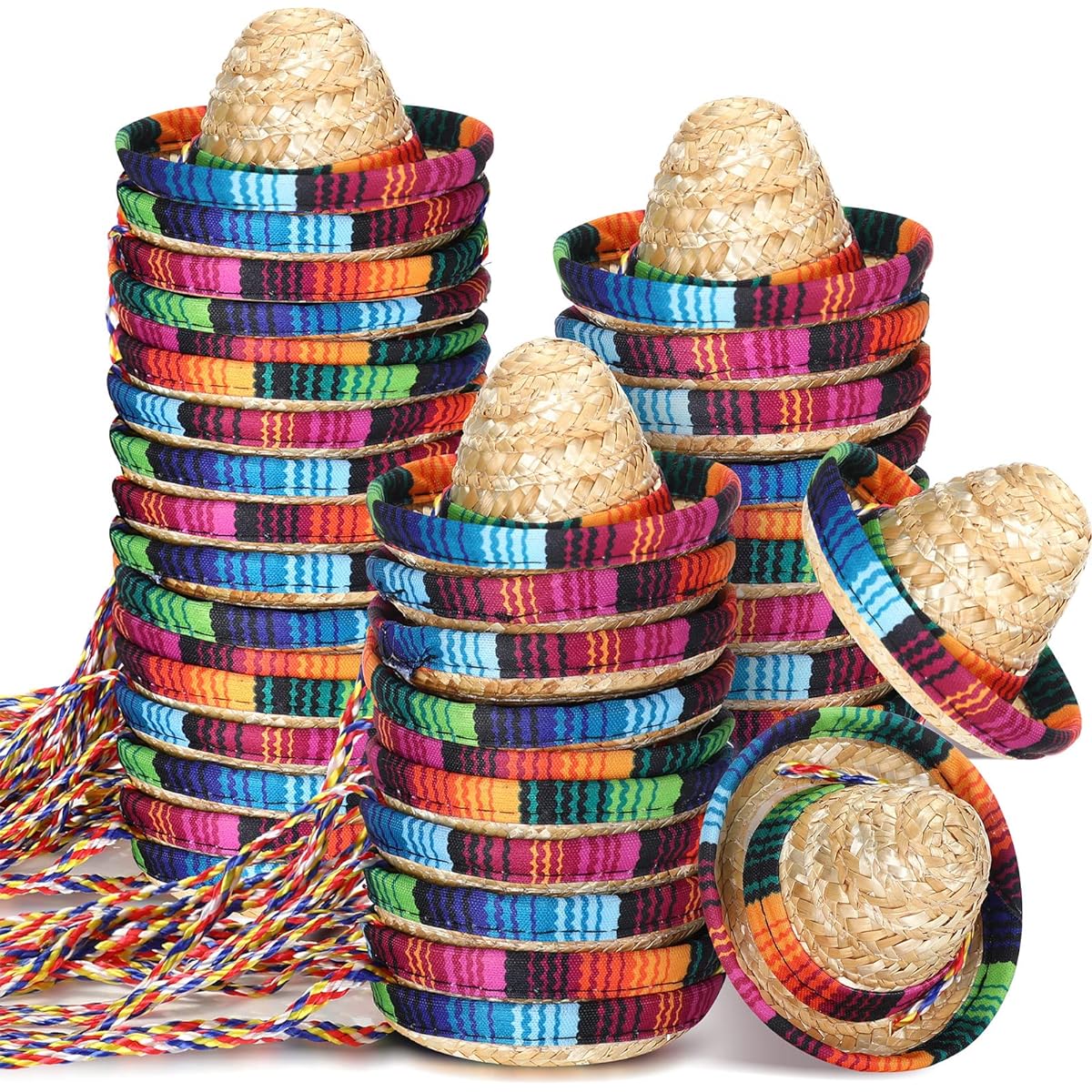 Mini Mexican Hat Mexican Party Decorations Straw Sombrero Hat with Cord Mexican Party Decorations Small Hat Straw Hat Pet Fiesta Party Costume for Baby Kids Toddler 4 Inch Diameter 36 Pieces
