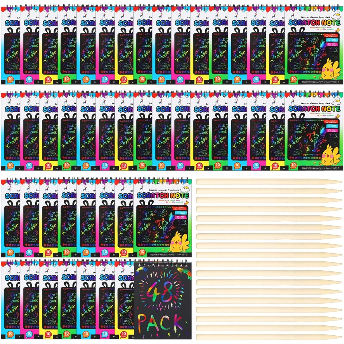 Seajan Scratch Note Pads 48pcs for Kids Rainbow Scratch Paper Scratch Off Notebook Color Scratch Art Craft Drawing Paper for Children Girls Boys Birthday Christmas Party Gift Project Kit Supplies