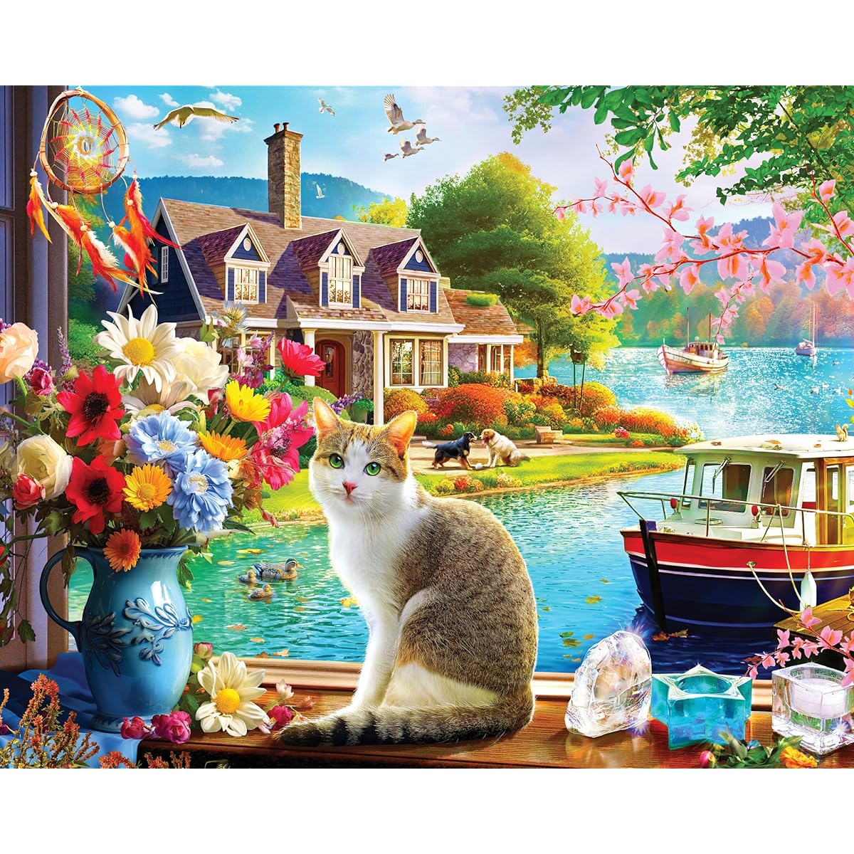 Springbok Crisp Morning 1000 Piece Jigsaw Puzzle for Adults and Families - Cat Enjoying a Lakeside Scene - Finished Size 30" x 24"