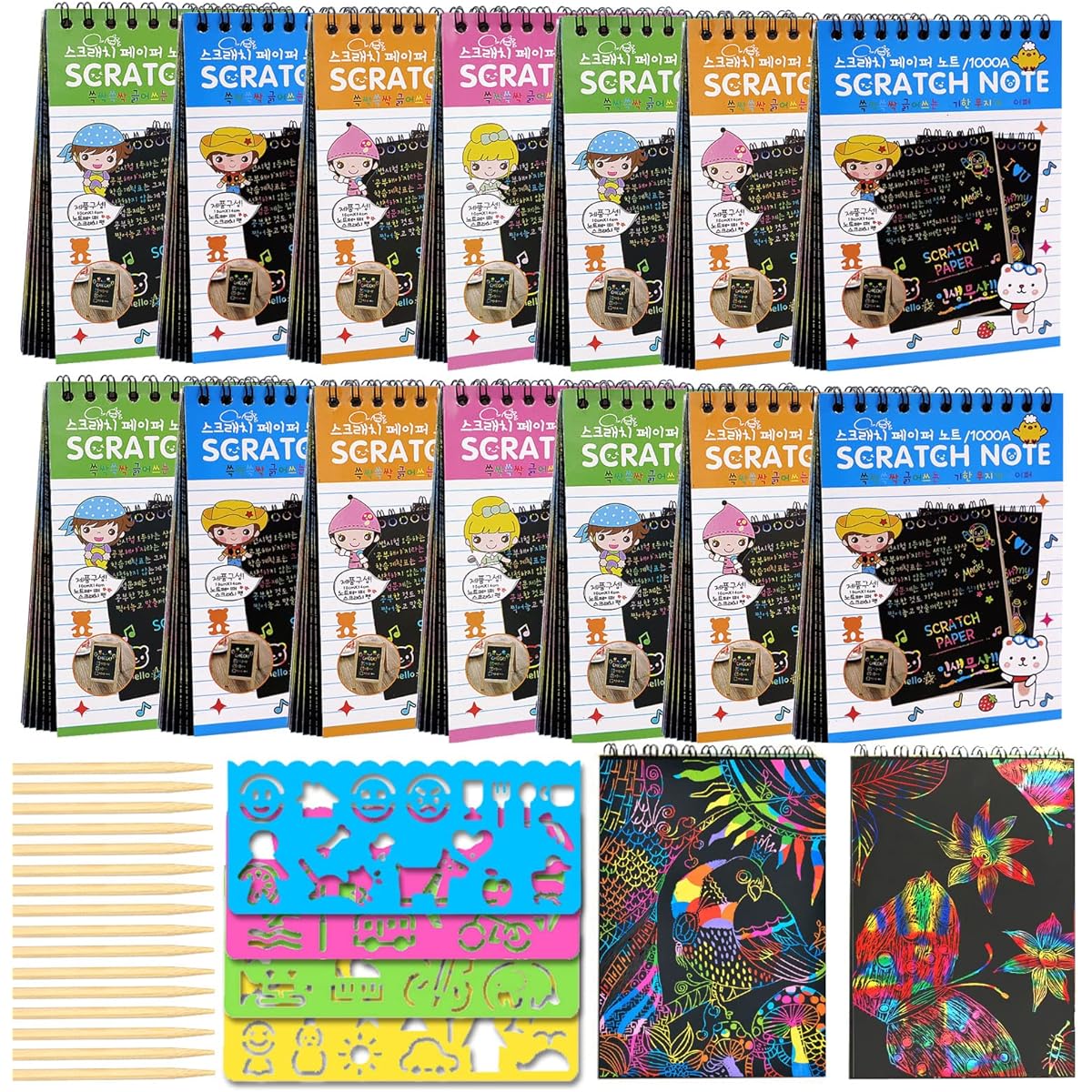 POKONBOY Scratch Art & Craft Notebook, 16 Pack Scratch Note Pads for Kids, Rainbow Party Favors, Coloring Book, Art Party Supplies, Stocking Stuffers, 16 Wooden Styluses, 4 Stencils for Drawing