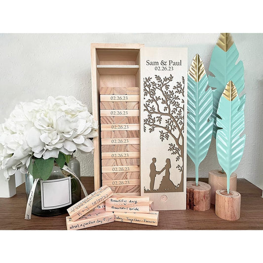 WE Games Wedding Guest Book Alternative Wooden Keepsake Favor Box 54 Blocks Custom Engraved Couple with Wood