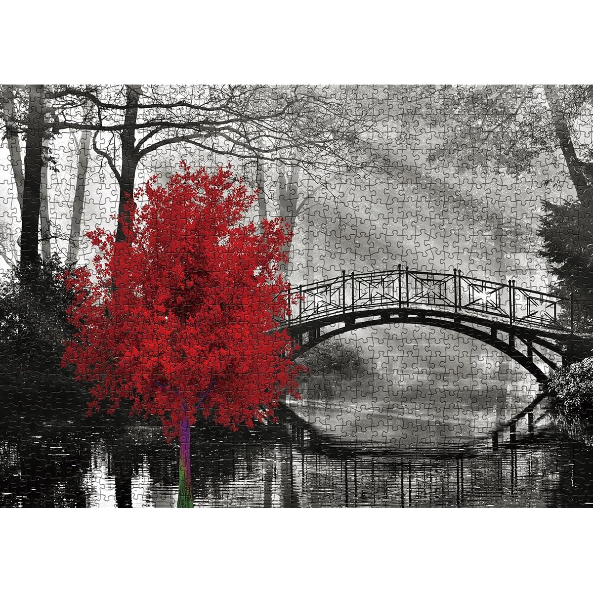 Scarlet Solitude Classic Puzzle for Adults 1000 Piece Black and White Bridge and Red Tree Jigsaw Puzzle Wall Art Puzzle Adult Gifts