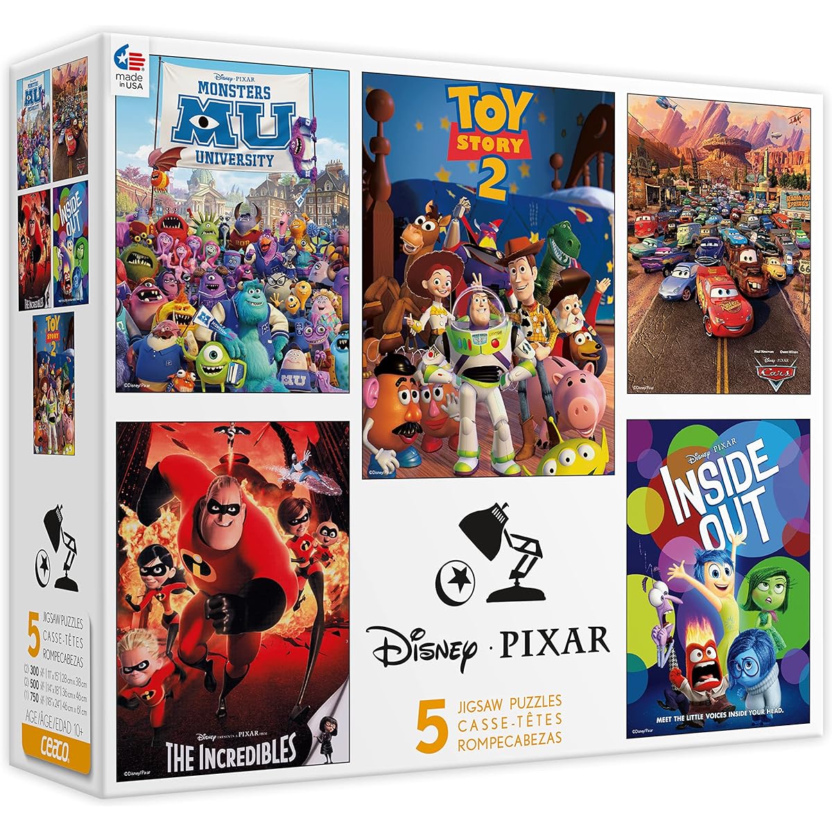 Ceaco - Disney/Pixar 5-in-1 Multipack Jigsaw Puzzle Set Monsters University (MU Incredibles Toy Story 2 Cars Inside Out