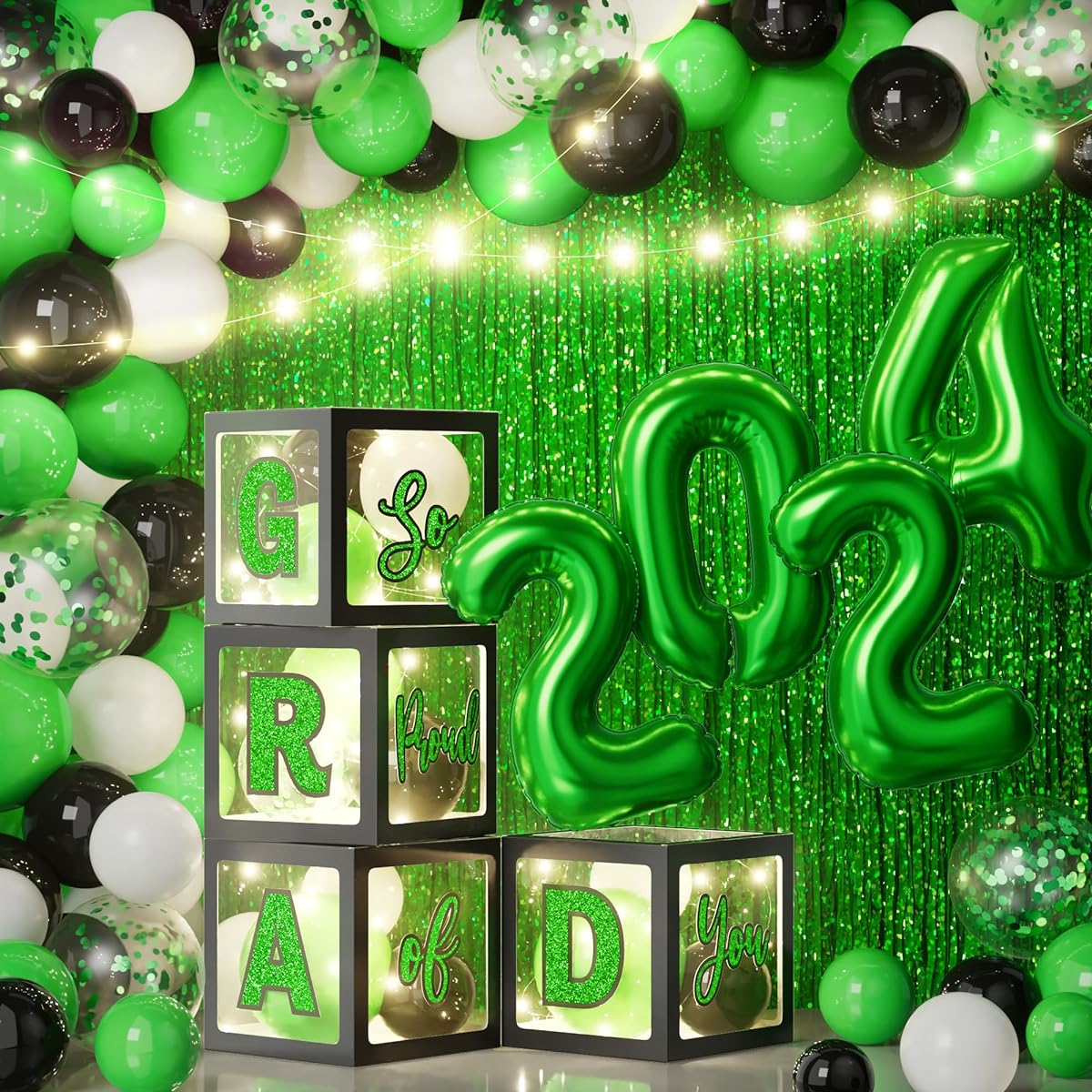 2023 Graduation Party Supplies - Graduation Decorations with LED Light String Balloon Box with Congrats Grad & Proud of You 2023 Graduation Decorations - Black Green
