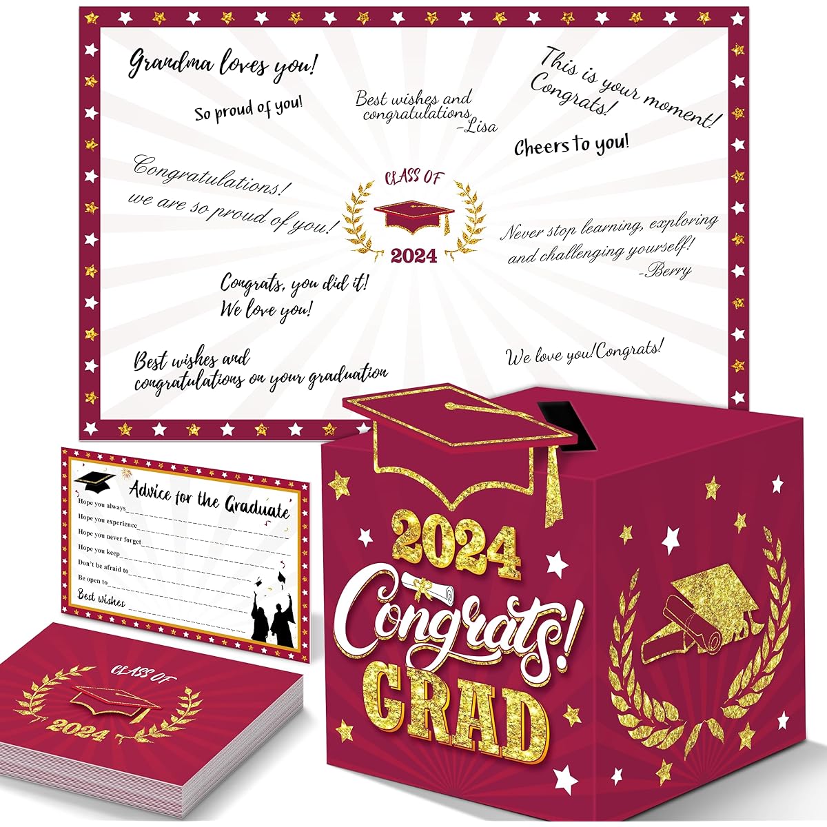 algpty Graduation Party Giant Greeting Cards 36 Graduation Wish Cards with Holder Box (Red)