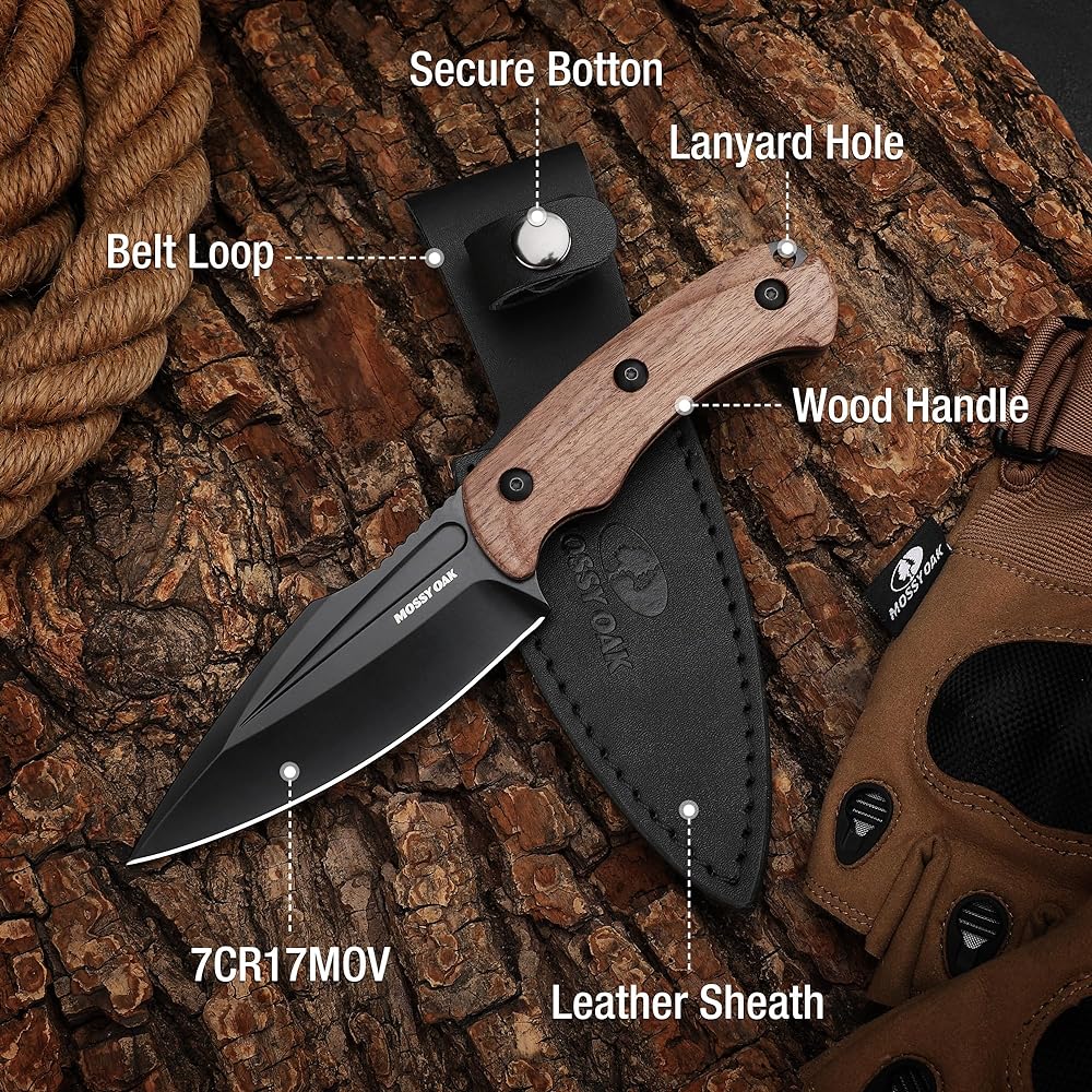 MOSSY OAK Knife, Outdoor Knife, Sheath Knife, Full Tang Structure, Total Length 215mm, Natural Wood Handle, For Mountain Climbing, Camping, Trekking, Fishing, Home Use, DIY, Disaster Prevention, Comes with Dedicated Sheath