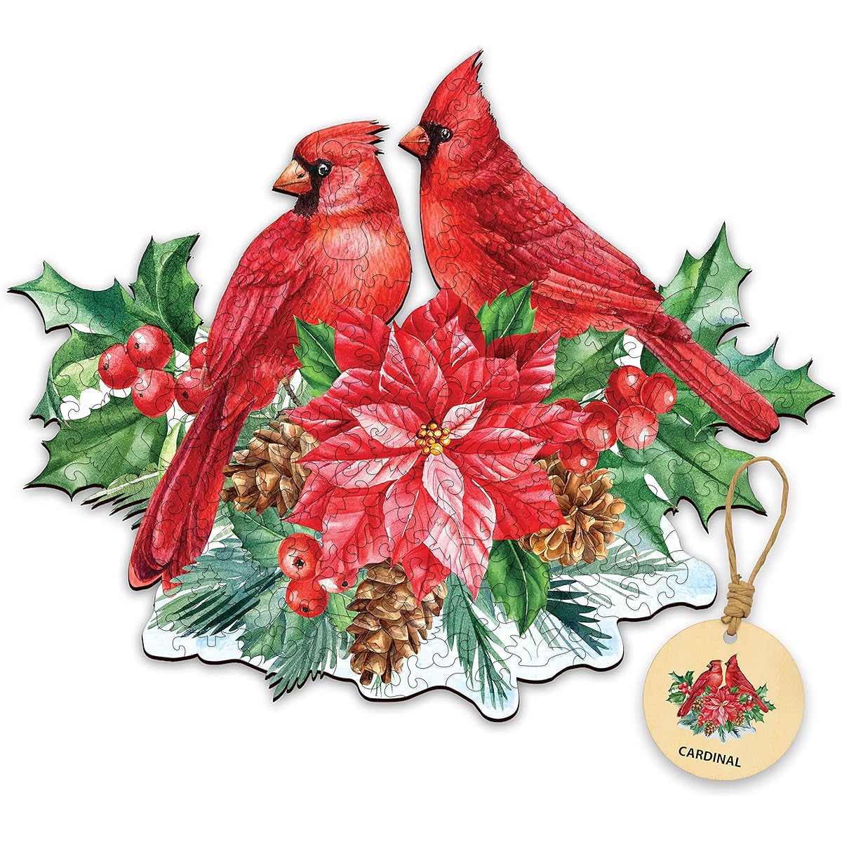 DEPLEE Wooden Puzzle for Adults Poinsettia Cardinal Wooden Jigsaw Puzzle Unique Shape Wooden Animal Puzzle Creative Challenge for Adults Family Friends 80~110 Pieces 8.2 x 7.1 Inch Small Size