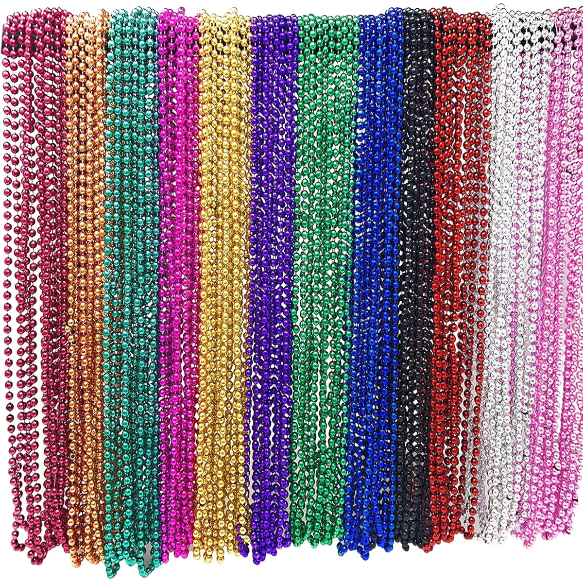 4E's Novelty Bulk 144 (12 Dozen) Mardi Gras Bead Necklaces, 33" Long, 6mm Thick, Round Metallic, 12 Colors, Great Party Favors Necklaces, Gasparilla Costume Accessories Supplies