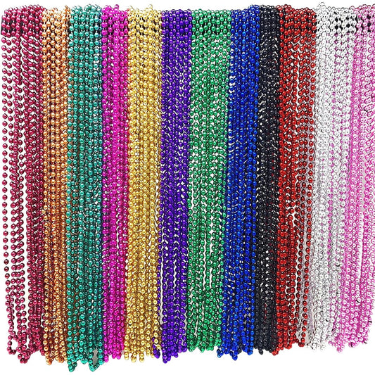 4E's Novelty Bulk 144 (12 Dozen) Mardi Gras Bead Necklaces, 33" Long, 6mm Thick, Round Metallic, 12 Colors, Great Party Favors Necklaces, Gasparilla Costume Accessories Supplies