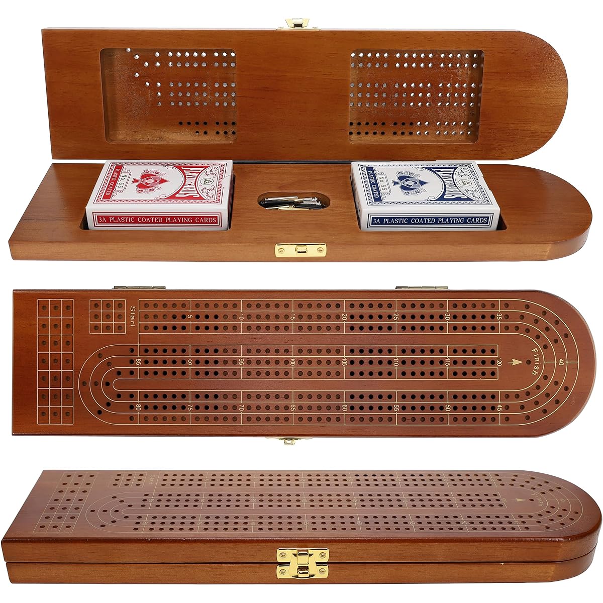 Pacific Shore Games Wooden Cribbage Board Game Set, Walnut Stained, 3 Tracks in a Row, 2-3 Players, Card Storage