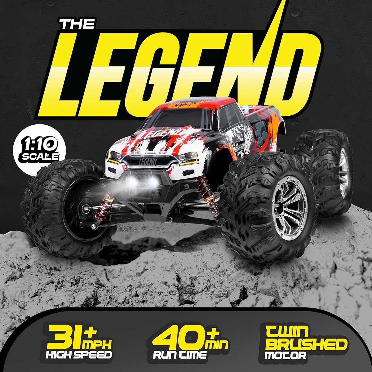 LAEGENDARY High Speed RC Car for Adults and Kids - 4x4 Off-Road Remote Control Car - Battery Powered Hobby Grade Waterproof Monster RC Truck - Toys and Gifts for Boys, Girls, Teens Red - Yellow