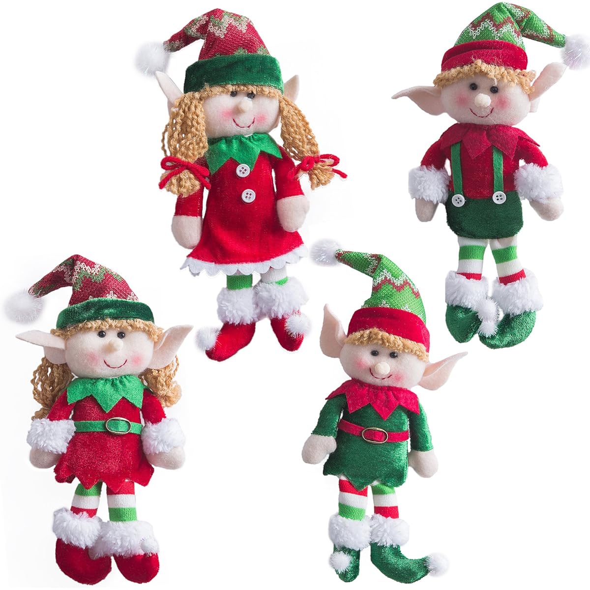 WEWILL Cute Flexible Christmas Elf Dolls 4 Pieces Set Party Home Decoration Holiday Plush Characters 12 Inch CS022