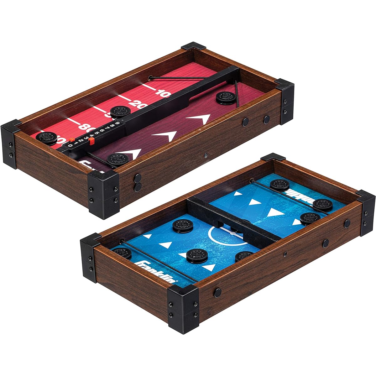Franklin Sports Shuffleboard and Sling Puck Game - Slingshot Hockey and Shuffleboard Set with Pucks and Game Boards - 8 Mini Pucks and Slings Included