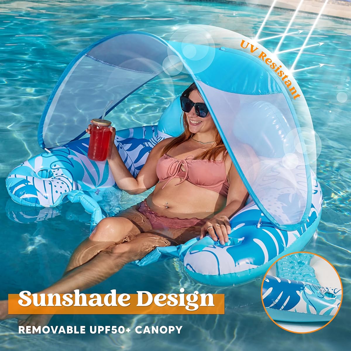 XL Tropical Leaf Inflatable Pool Chair with Canopy (Blue)
