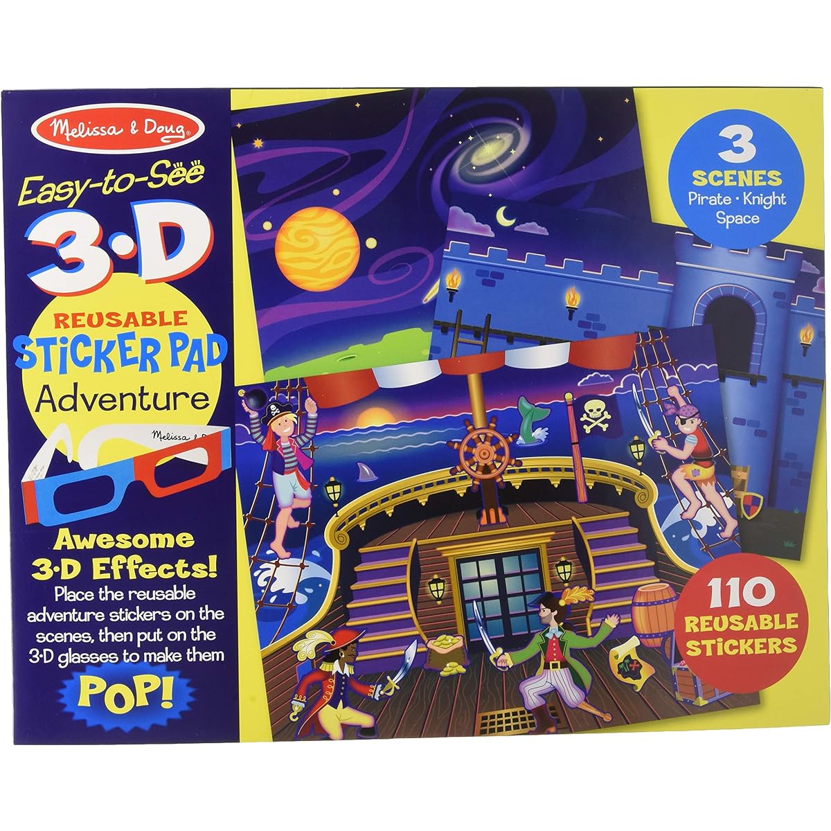 Melissa & Doug Easy-to-See 3-D Sticker Pad: Pirates, Knights, and Spaces - 110 Reusable Stickers, 3-D Glasses