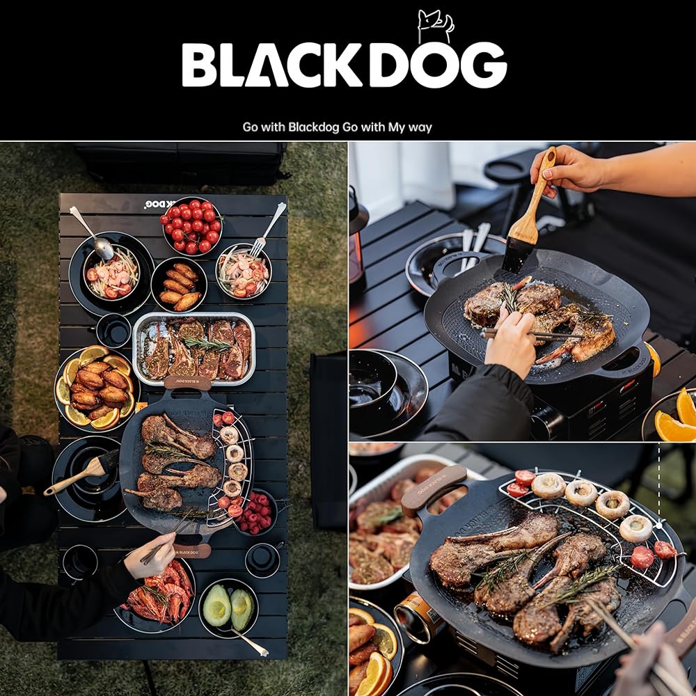 [2024 New Arrival] Multi Griddle Iron Plate BLACK DOG Direct Fire/Gas/IH/Compatible, Diameter 43cm, Lightweight, Easy to Clean, No Seasoning, Non-Stick, Solo Camping/Yakiniku Plate/Outdoor/Camping/Home/BBQ Supplies (Oil Rack) + Tongs + wooden handle + sp