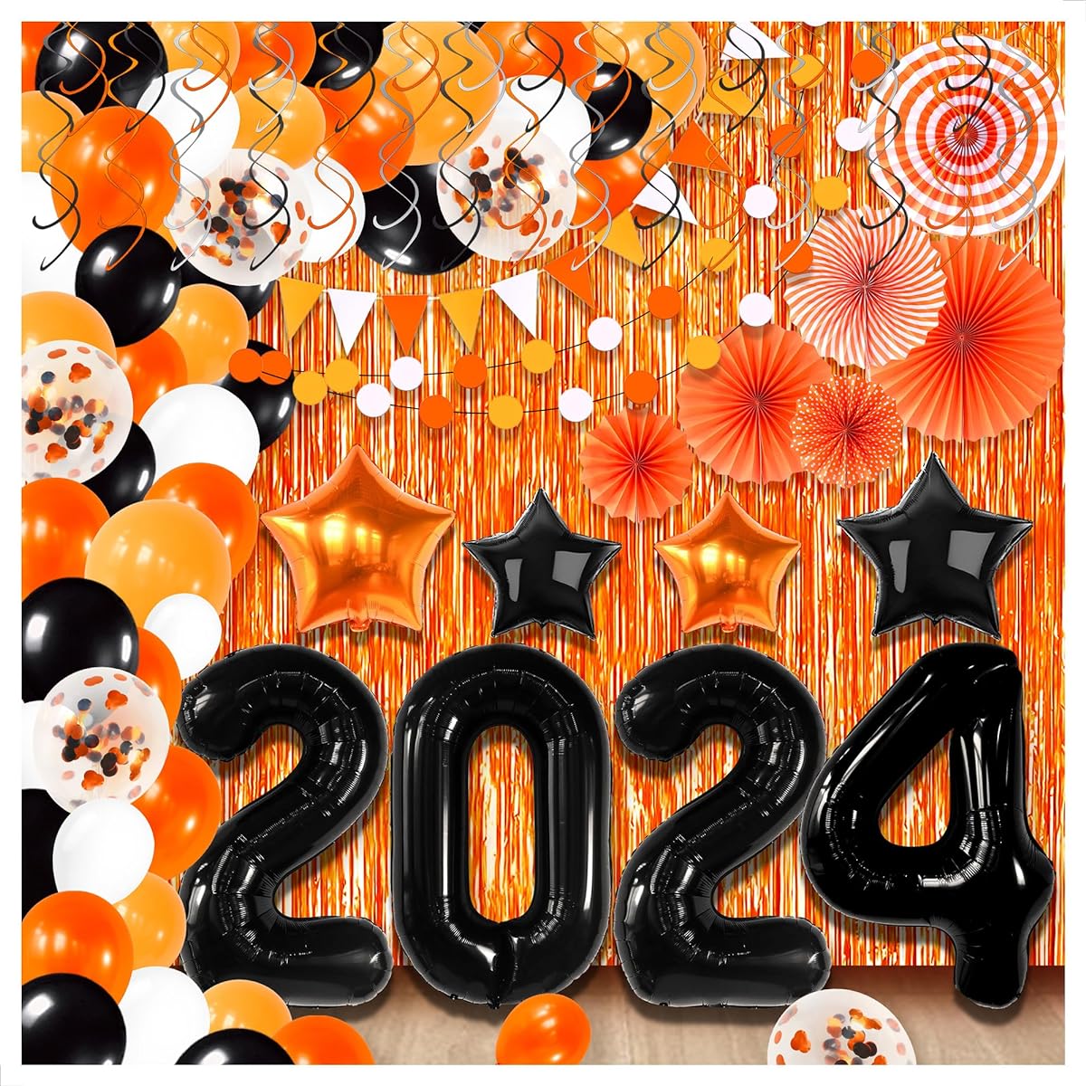 KatchOn Orange and Black Graduation Decorations - 170 Pack | Black 2023 Balloons, Orange Fringe Backdrop, Swirls, Garland | Graduation Decorations 2023 Orange Black | Prom Decorations
