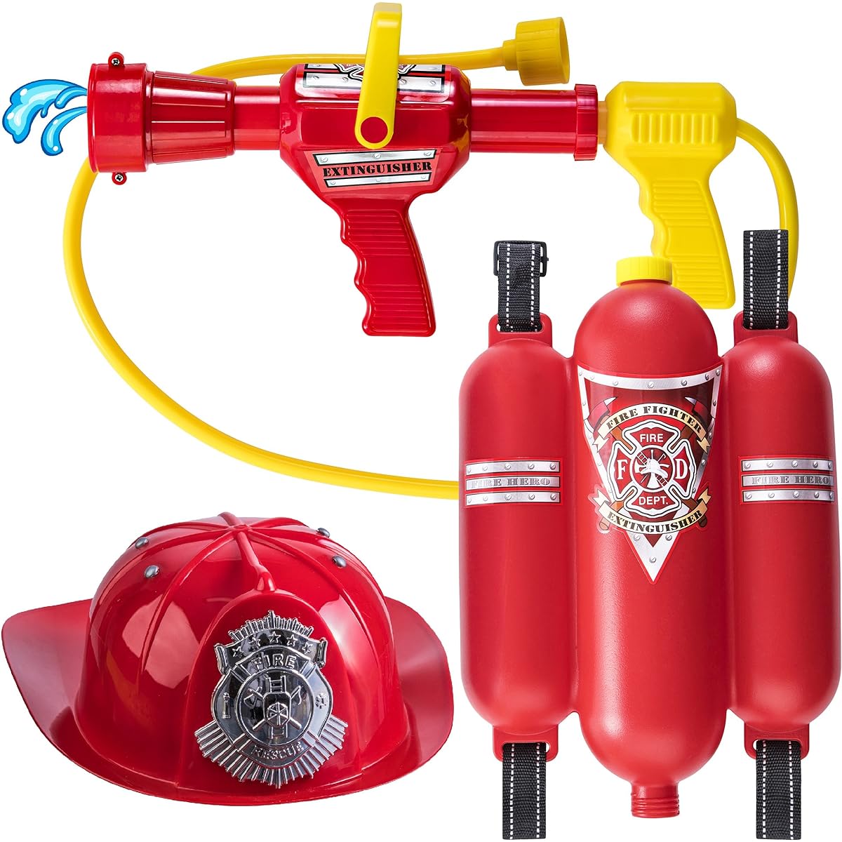 Prextex Fireman Backpack Water Gun Blaster with Fire Hat- Water Gun Beach Toy and Outdoor Sports Toy