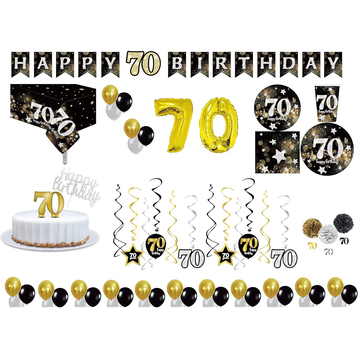 30 Servings | Ultimate 70th Party Pack | 70th Birthday | 9" Dinner Paper Plate | 7" Dessert Paper Plate 12oz Cup 3 Layer Lunch & Drink Napkins