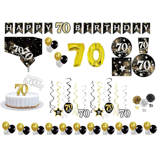 30 Servings | Ultimate 70th Party Pack | 70th Birthday | 9" Dinner Paper Plate | 7" Dessert Paper Plate 12oz Cup 3 Layer Lunch & Drink Napkins