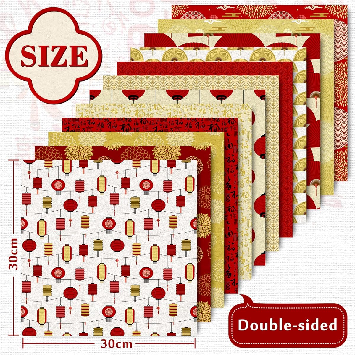 Whaline 12 Designs Chinese New Year Pattern Paper Pack 24 Sheets Lucky Bag Scrapbook Special Paper Double Sided Collection Decorative Craft Paper for New Year Card Making Scrapbooking