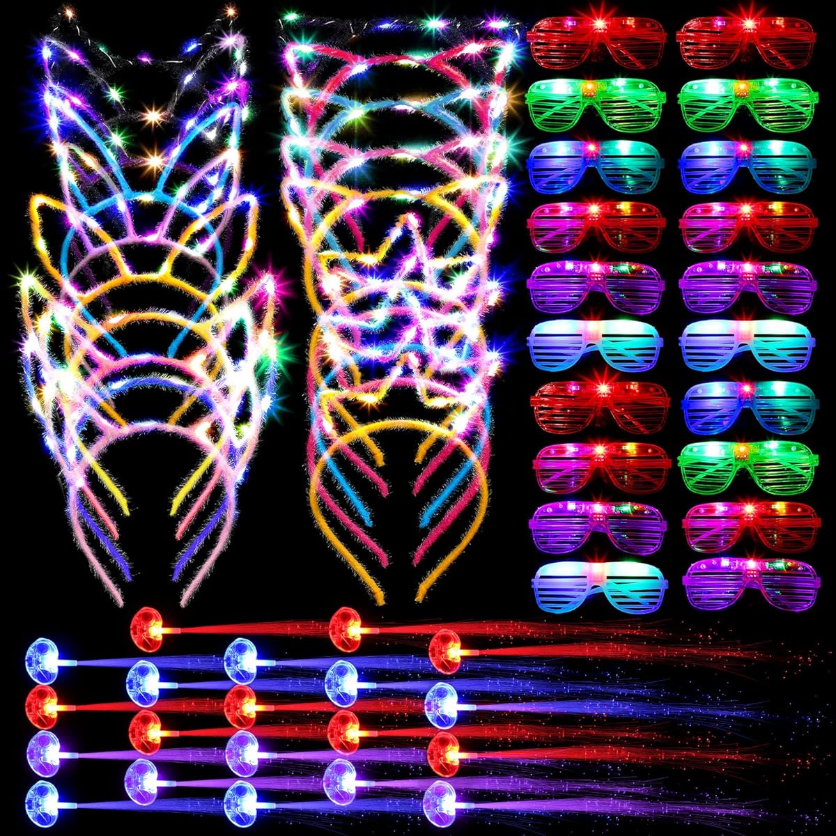 60 Pack Valentine Gifts Glow in the Dark Valentine Bulk Toys for Kids Valentine Party Favors Classroom Prizes 20 Light Up Glasses 20 LED Headbands 20 Fiber Hair Lights