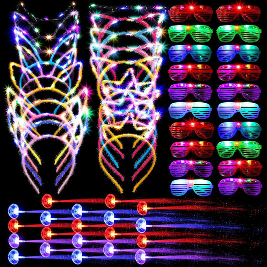 60 Pack Valentine Gifts Glow in the Dark Valentine Bulk Toys for Kids Valentine Party Favors Classroom Prizes 20 Light Up Glasses 20 LED Headbands 20 Fiber Hair Lights