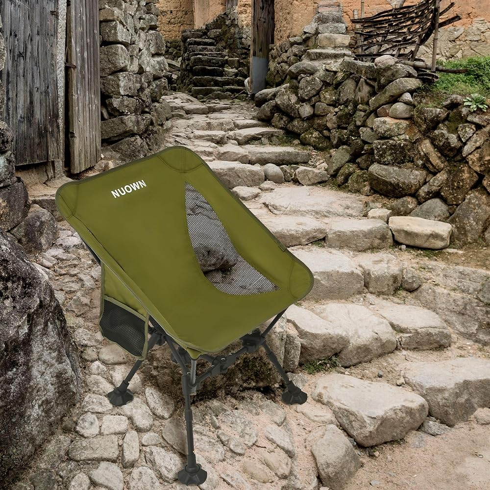 NUOWN Outdoor Chair, Ultra-lightweight Folding Camping Chair, Height Adjustable, Camping Chair with Pockets, Suitable for Uneven Grounds, Load Capacity 150kg, Green