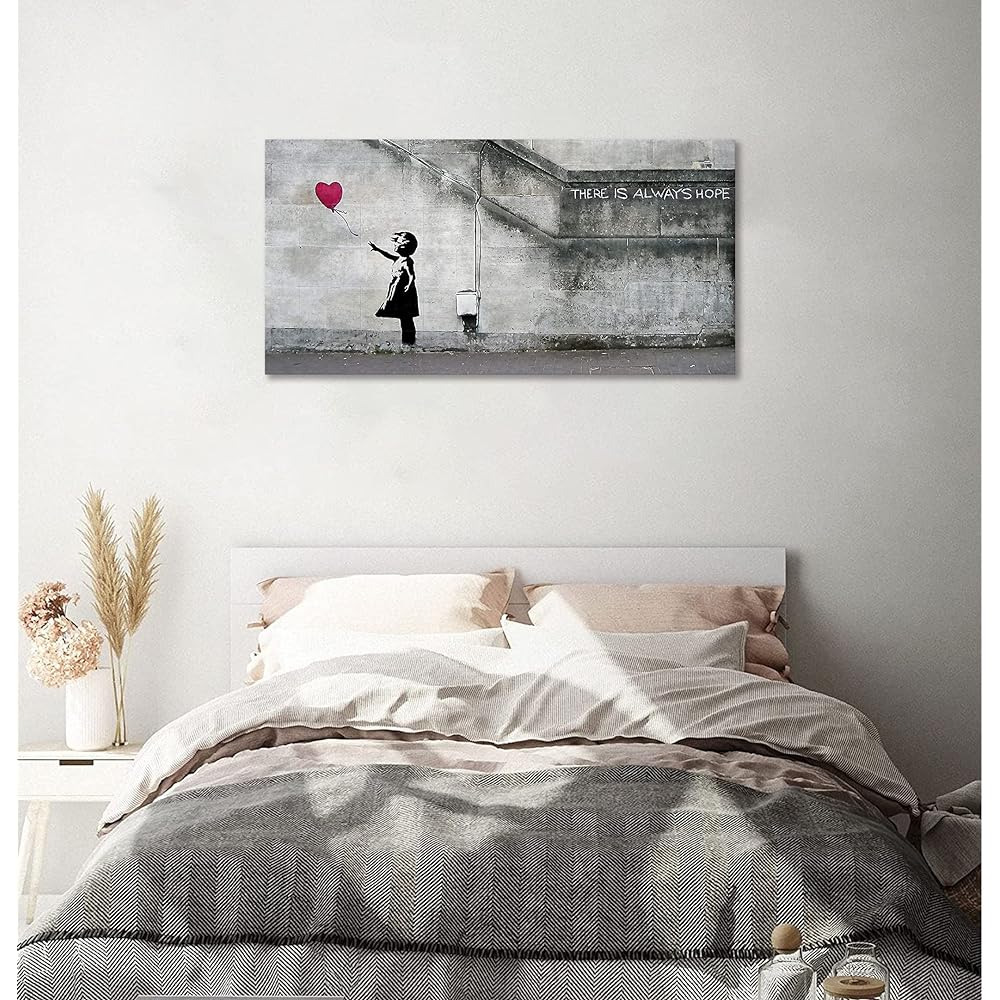 Banksy Red Balloon and Girl Art Panel Large Banksy Monochrome Poster Painting Wall Hanging Room Decoration Bath Entrance Finished Product with Wooden Frame (40x80cm)