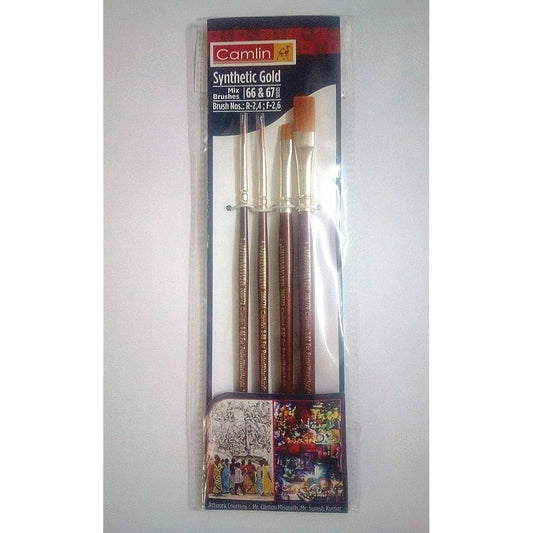 Anmol Art & Frames Camlin Kokuyo Paint Brush Series 67 & Series 66 Round & Flat Synthetic Gold Set of 4