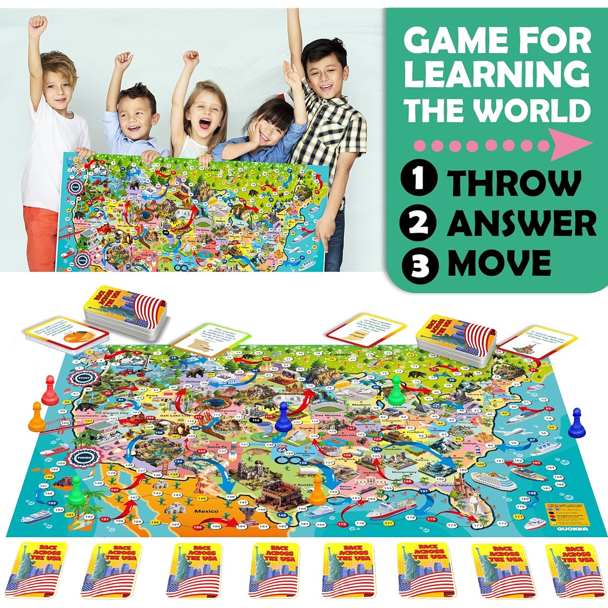 QUOKKA Learning Board Game for Ages 8-12 - Educational Game for Ages 5-7 - | 120 Question Cards | Learn the Map of the United States | Waterproof | Preschool Gifts for Boys & Girls Ages 6-8