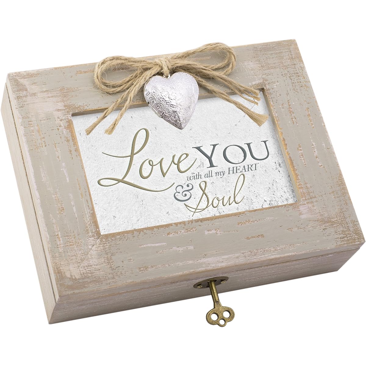 Love Heart Soul Distressed Wood Locket Jewellery Music Box Plays Tune You Light Up My Life