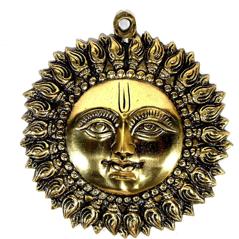 Stonkraft Ideal Gift - Beautiful Sun (Surya) Murti Idol Statue Sculpture Wall Hanging in Brass (6.25")