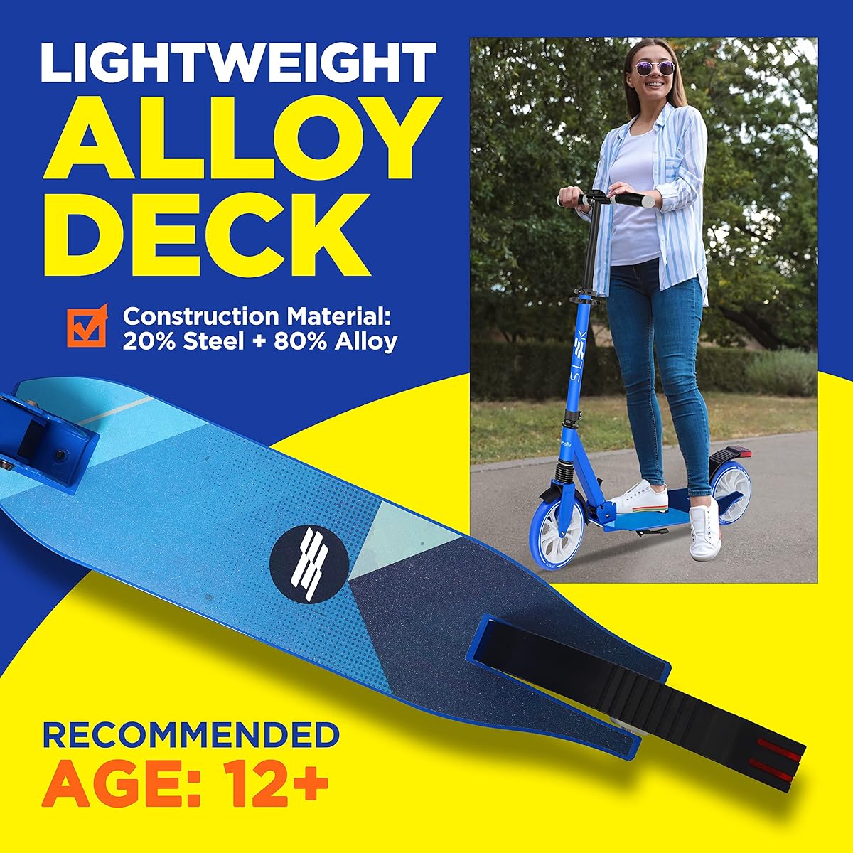 SereneLife Kick Scooter for Adults, Teenagers, Kids - 2 Wheel Kids Scooter with Adjustable T-Bar Handlebar - Alloy Anti-Slip Deck - Portable Folding Scooter for Kids with Carry Strap