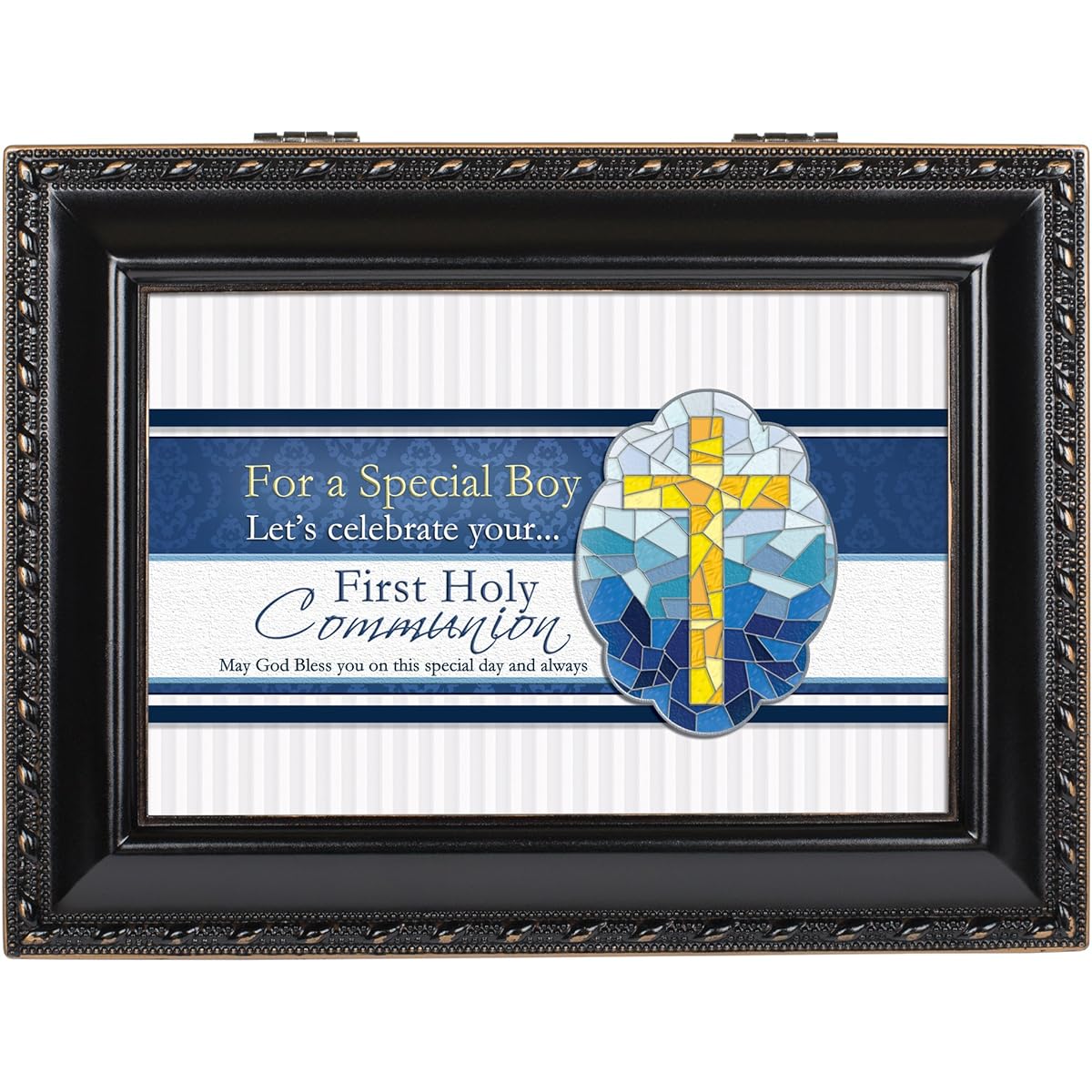 First Communion Boy Cottage Garden Black Matte Finish Musical Jewelry Box - Plays Song of Hallelujah by Handel